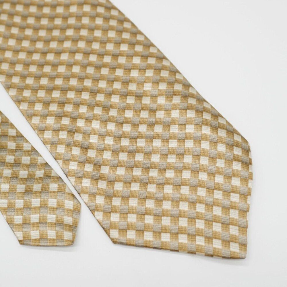 Stafford Tan Brown Plaid Print Wide Silk Tie